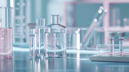 Scientific setting with buffer solutions in glass containers and liquid samples in tubes Bright image