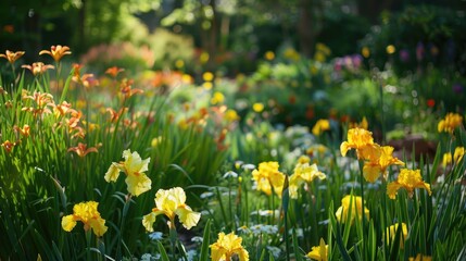 Obraz premium Flowers in a garden with yellow irises charming spring backdrop