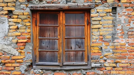 Obraz premium Vintage wooden window on brick wall with space on right