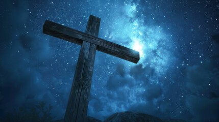 Naklejka premium Serene wooden cross under a starry night sky, soft moonlight, calm and peaceful