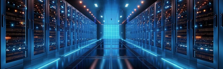 Blue Illuminated Server Room With Rows of Cabinets