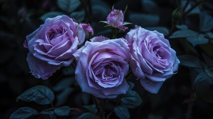 Lilac roses in dark setting