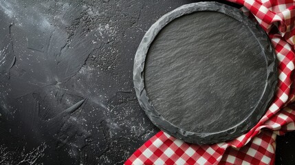 Plate on slate with red checkered tablecloth