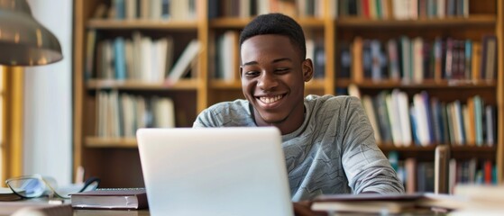 Happy student using educational technology, quiet study room, smiling while working on online coursework