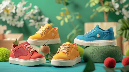 Stylish children s shoes displayed on green backdrop