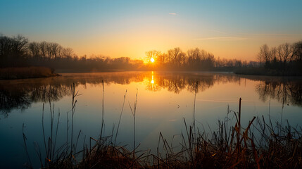 Obraz premium A lake with a tree in the background and a sun shining on the water