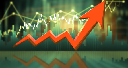 Stock market growth graph. Moving arrow shows business growth. 3d illustration.