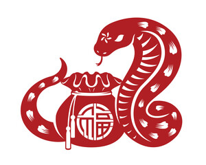 Chinese Zodiac Animals Red paper cuting snake slithers around a bag of money vector design
