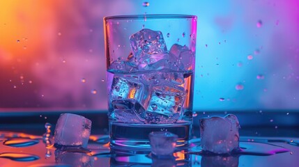 Artistic representation of ice falling into water filled glass on mirror with colorful background in neon light Beauty and drink concept Advertisement space available