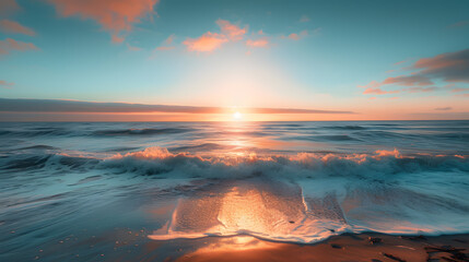 Fototapeta premium The ocean is calm and the sun is setting, creating a beautiful