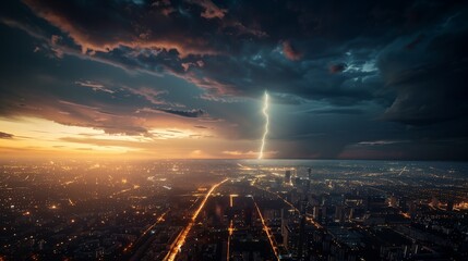 Obraz premium Night thunderstorm in the city landscape. Lightning against the background of the city. Rain. Branches of lightning in the sky. weather phenomenon