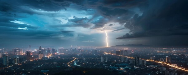 Night thunderstorm in the city landscape. Lightning against the background of  the city. Rain. Branches of lightning in the sky. weather phenomenon