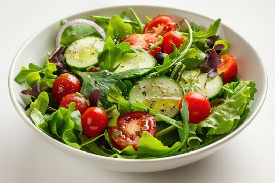 A bowl of fresh garden salad with mixed greens, cherry tomatoes, cucumbers, and a light vinaigrette dressing. Isolated on pure white background
