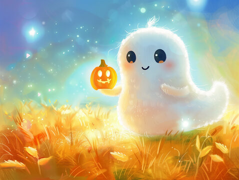 Cute and Funny Halloween Cartoon Ghost with Jack-o&rsquo;-Lantern, Booo, Spooky Fun.