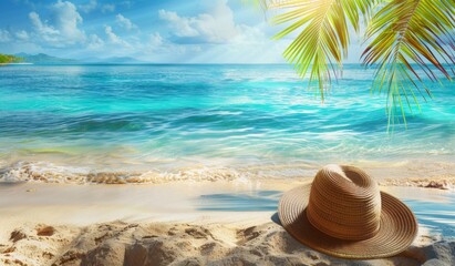 Obraz premium Focus shot of a straw hat on the beach, blurred background, scenic view, nature, beautiful photography