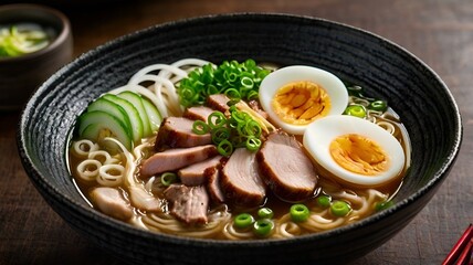 Chachu pork ramen in a black ceramic bowl 