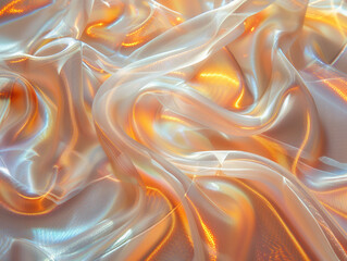 Abstract close-up of flowing iridescent fabric with vibrant colors and smooth, silky texture. Ideal for backgrounds or creative designs.