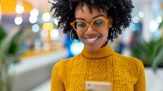 Black Woman in Orange Glasses Using Mobile Phone, Online Lifestyle Concept, Internet, Smartphone App User, Female in Cosy Sweater Texting Sms or DM on Mobile.