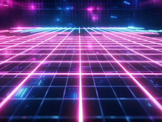 A dark background with neon and grid lines, creating an abstract digital space.