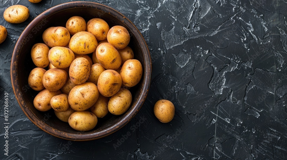 Aufkleber mini potatoes in a pan on a dark background viewed from above with space for text