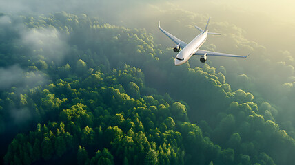 Fototapeta premium An environmental sustainable biofuel concept of a white airplane flying over green trees, creating an aerial view of the aircraft and its engines against a backdrop of a dark misty, foggy rainforest.