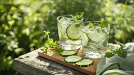 Fototapeta premium Two glasses of cucumber and mint water on a wooden board with slices of fresh cucumber and sprigs of wild mint.
