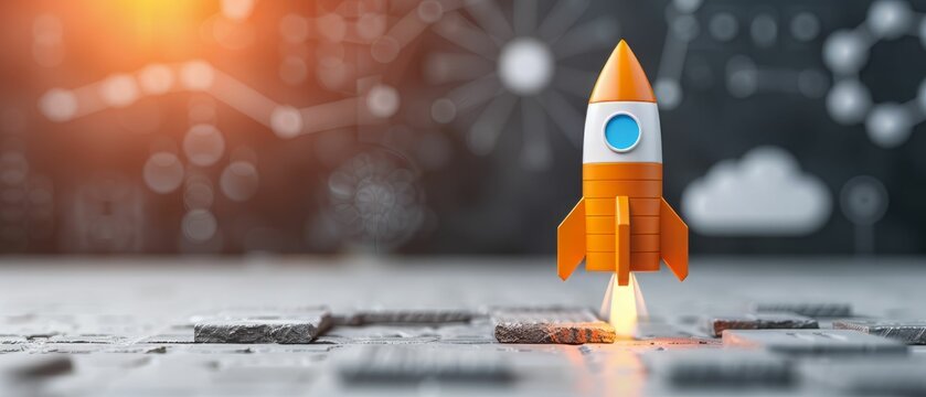 Rocket Taking Off On Gray Background