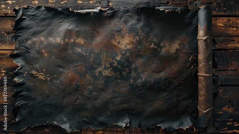 Poster vintage scroll mockup with burnt edges for sign or header overhead view empty area