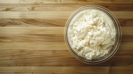 Top view of clear bowl with Stracciatella yogurt on wooden surface Plenty of space for text