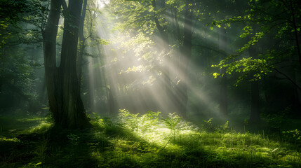 Obraz premium A forest with sunlight shining through the trees