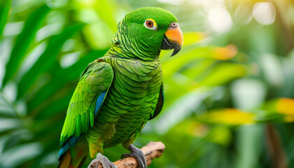 Obraz premium Close-up of a vibrant green parrot perched on a branch with lush jungle foliage in the background.