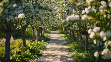 Fototapeta premium Path lined with white trees in a garden