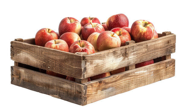Handmade wooden apple stacking box with apples, isolated on a transparent background.