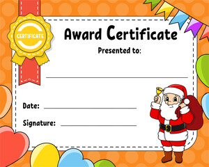 Certificate template for kids. Colorful school and preschool diploma. With cute character. Vector illustration.