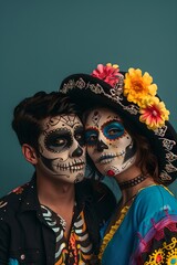 Couple with sugar skull makeup isolated on dark blue background. Day of the Dead, Dia de los muertos, Halloween celebration. Studio portrait of Calavera Catrina. Event poster, banner with copy space