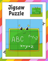 Jigsaw Puzzle. Cut and play. Square puzzle. Logic game for kids. Activity page. Cutting practice for preschool. cartoon character. Vector illustration.