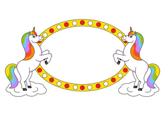 Two cute unicorns reared up. Cartoon style. Color bright illustration. With place for your text. For circus advertisements, advertising.