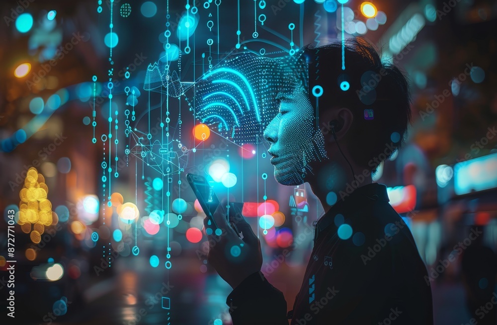 Aufkleber a man uses a smartphone to interact with a glowing digital interface, representing technology and co