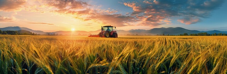 Fototapeta premium Tractor Working in Golden Wheat Field at Sunset