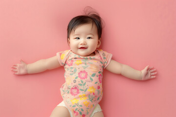 Fototapeta premium Smiling Baby in Floral Onesie on Pink Background