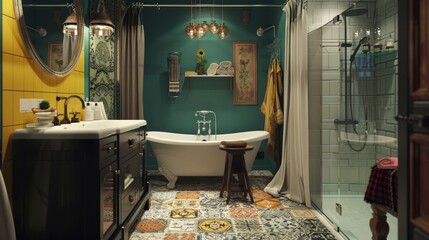 Modern Bathroom with Teal Walls and Vintage Decor