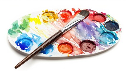 Obraz premium Watercolor paint palette with brush on white background for artists or children