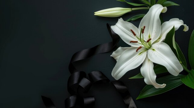 Lily flower with frame and funeral ribbon on dark background
