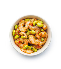 Fresh salad with shrimps and edamame soybeans in bowl isolated on white background.