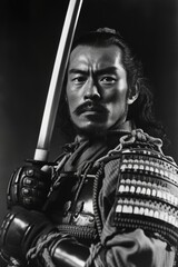 Obraz premium Side profile of a determined samurai warrior in traditional armor, presented in a timeless black and white format.