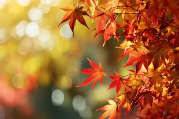 Colorful autumn leaves illuminated by sunlight, creating a beautiful bokeh effect, AI generated