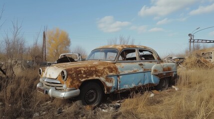An old, rusted car sits abandoned in a desolate landscape, remnants of a bygone era.
