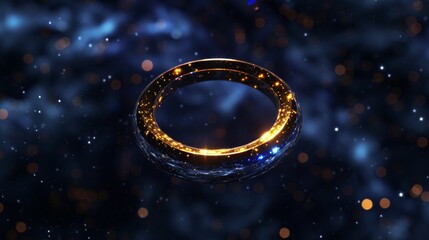 Gold ring studded with diamonds, shining on a dark fabric with a starry effect, evoking an enchanting night.