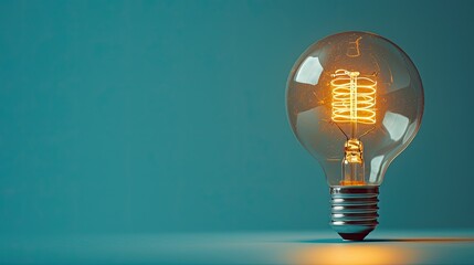 A solitary lightbulb illuminating a blue background with copy space