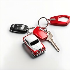 Car key with red car shaped keyring on white background
